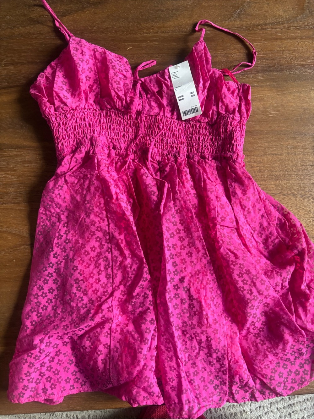 Urban Outfitters Hot Pink Floral Smocked Mini Dress - NWT